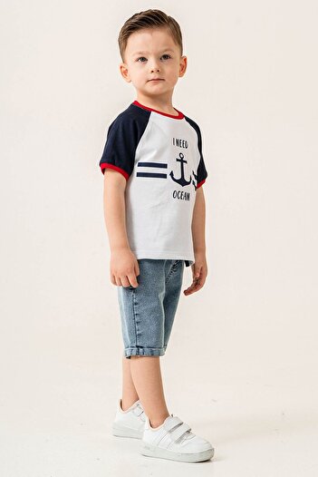 Gold Class Kidswear مرساة مطبوعة كم مرن 2 قطعة جينز الأولاد مجموعة السراويل القصيرة