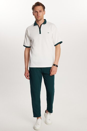 Tudors Men's Standard Fit Cotton Jacquard Zippered Polo Neck White Tracksuit Set with Laced Waist