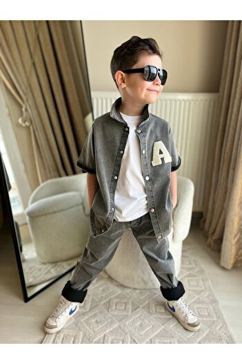 MİNİKO KİDS Boy's 3-Piece Suit with an Embroidered Tee and Jeans Pants and Jeans Shirt