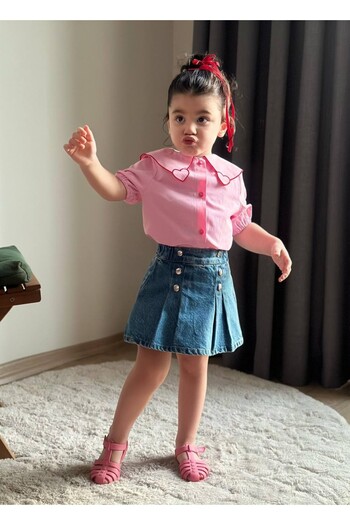 MİNİKO KİDS Girl's Denim Shorts with Skirt, Heart-Detailed Shirt Suit