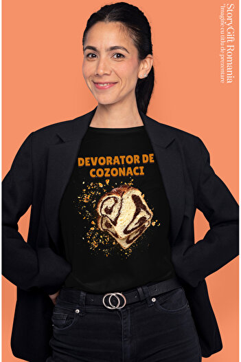 StoryGift Romania Women's T-shirt, delicious slice of traditional Romanian cake eater, printed BLK_L, STG54623