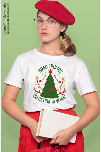 StoryGift Romania Women's T-shirt beautiful tree with your pine cones all green Christmas with print on the front, 100 WHT_L, STG61163