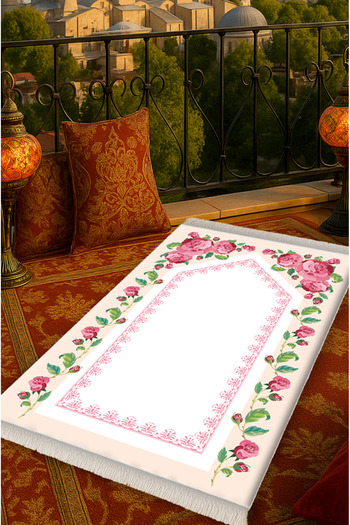 Carpetella Velvet Prayer Rug Foldable Dowry White Floral Patterned Pink Prayer Rug (70X120Cm)