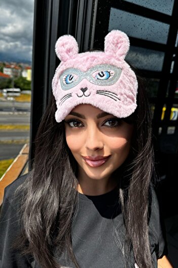 TAKIŞTIR Pembe Renk Kedi Figürlü Peluş Uyku Bandı