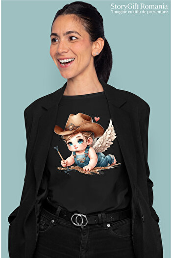 StoryGift Romania Women's T-shirt with a baby with wings holding a fork, illustration, wheat, hat BLK_L,STG51942