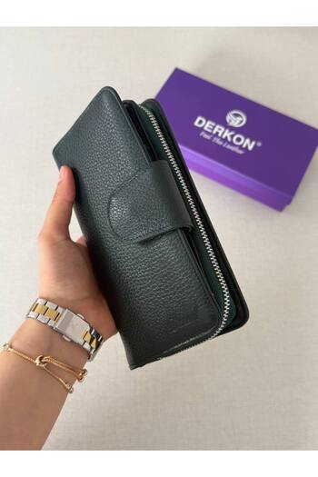 DERKON Genuine Leather Cerny Model Women's Wallet with Plenty of Card Holders Green