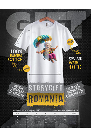 StoryGift Romania Tricou Copii cu o femeie in varsta care se da cu parasuta, ilustratie, senzatii tari, spor