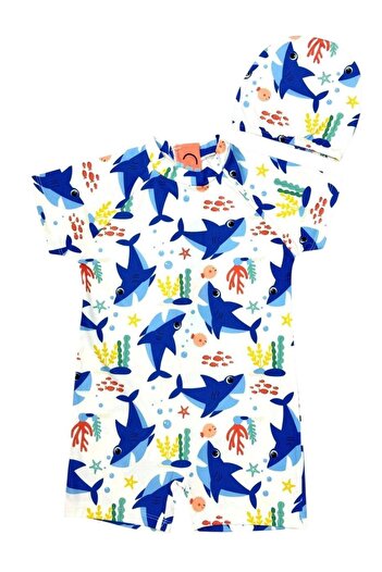Şekerkids Boy's White Shark Fish Patterned Bonnet Short Sleeve Protected Jumpsuit Swimsuit