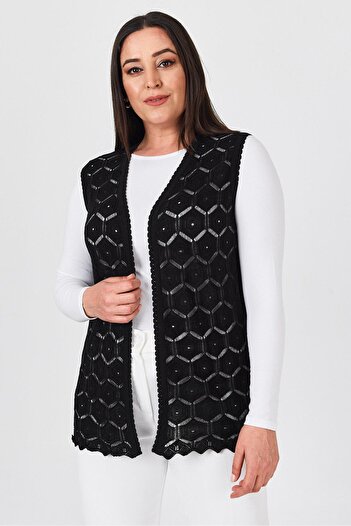 Uludağ Triko Women's Black Embroidered Mercerized Seasonal Knitwear Mother Vest