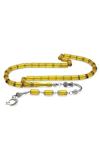 Tesbihane Non-Tarnish Metal Tasseled Cut Yellow Fire Amber Rosary