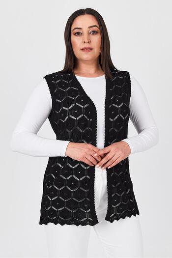 Uludağ Triko Women's Black Embroidered Mercerized Seasonal Knitwear Mother Vest