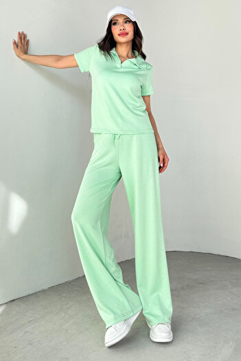 Cappmoda Tkm-03690 Mint Green Polo Collar Blouse Loose Trousers Double Set