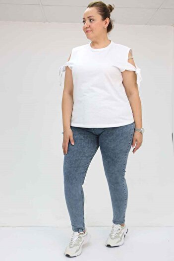 Eslina 9184-11 Large Size Elastic Waist Skinny Leg Long Jeans - Snow Wash Navy Blue