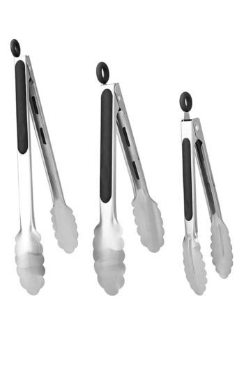 valletta Frontera Silicone Handle Metal Tip Lock System Smart 3-Piece Tongs Set Black