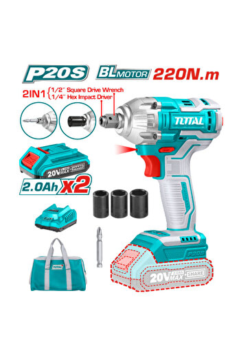 TOTAL 20V 220Nm Cordless Impact Drill with Canvas Bag, Extra Battery and Charger