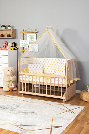 Bamgidoo Ahşap Beşik Anne Yanı Beşik Organik(Boyasız) 60x120-Sarı Yıldız Tek Yastık Uyku Seti + Yatak