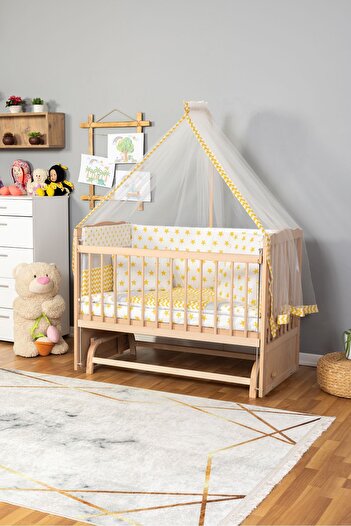 Bamgidoo Ahşap Beşik Anne Yanı Beşik Organik(Boyasız) 60x120-Sarı Yıldız Tek Yastık Uyku Seti + Yatak