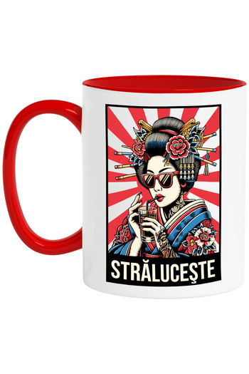 StoryGift Romania Mug Shines Woman Japanese Style Asian Drink, 330ml, Ceramic with Red Handle, With ,STG