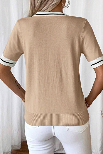 AQE FASHION Γυναικεία μπλούζα με ρίγες σε στυλ κολεγίου με λαιμόκοψη V με λαιμόκοψη σε στυλ πόλο βιζόν