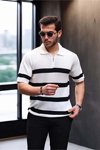Valiberta Half Zipper Striped Oversize Knitwear T-shirt - White
