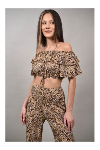sweet girl SERAFINO ANIMAL PRINT RUFFLE CROP TOP TROUSER SET S-M Brown