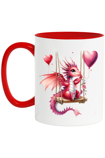 StoryGift Romania Mug with a little dragon swinging, illustration, balloons, hearts, flower, With,STG.
