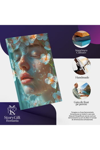 StoryGift Romania Tablou Canvas Povestea Ploii Chipul Tinerei Mângâiat De Flori Și Apă Portret Acvatic , Pictura