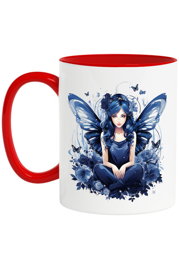 StoryGift Romania Mug with a cute fairy, illustration, blue wings, dress, poppies, butterflies, With ,STG.