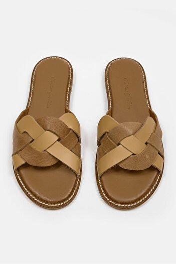 NILUFARR Γυναικείες παντόφλες Hazel Camel από γνήσιο δέρμα