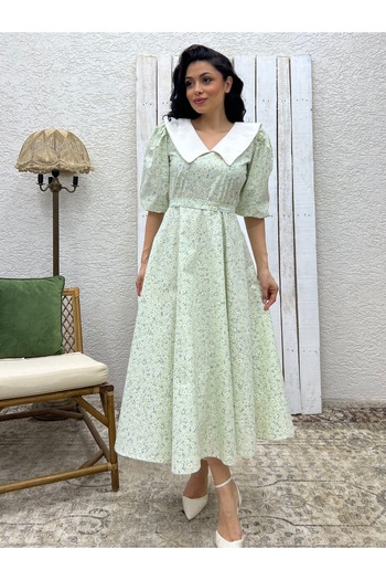 KÜÇÜĞÜM BUTİK Φόρεμα από ποπλίνα με λευκό γιακά Water Green Daisy