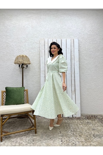 KÜÇÜĞÜM BUTİK Φόρεμα από ποπλίνα με λευκό γιακά Water Green Daisy