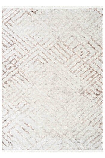 Oriente Home Soyut Geometrik Desenli Yıkanabilir Kaymaz Taban Şönil Krem Kahverengi Salon Halısı 8368