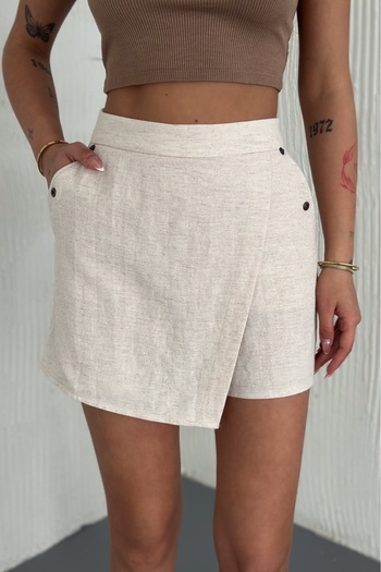 FEMELLE Women's Beige Color Pockets Top Staple Accessory Detailed Shorts Skirt