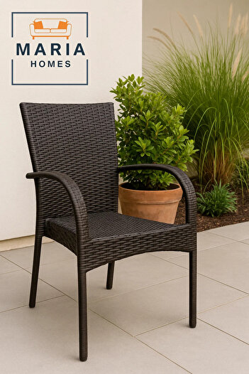 MARIA HOMES Brown Rattan Outdoor Armchair – Weather-Resistant Wicker Chair for Patio, Garden, or Balcony