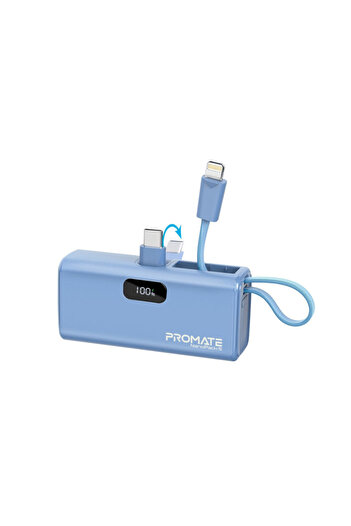 Promate Mini NanoPack-5 Power Bank 5000mAh with Foldable Cable - Navy