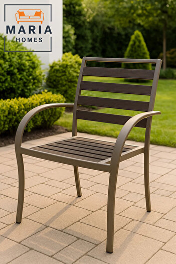MARIA HOMES Beige Frame Outdoor Chair with Brown Slatted Seat – Garden & Patio Use