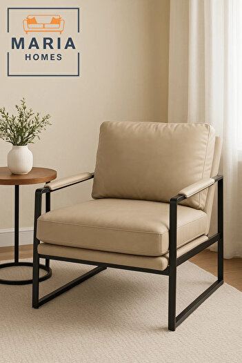 MARIA HOMES Beige Faux Leather Armchair – Modern Metal Frame Lounge Chair for Living Room or Office Decor
