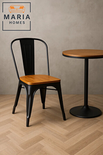 MARIA HOMES Black Industrial Metal Chair with Wooden Seat – Stylish and Sturdy Dining Accent