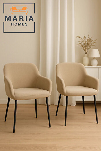 MARIA HOMES Beige Fabric Armchair – Upholstered Lounge Chair with Armrests & Black Metal Legs for Home or Office