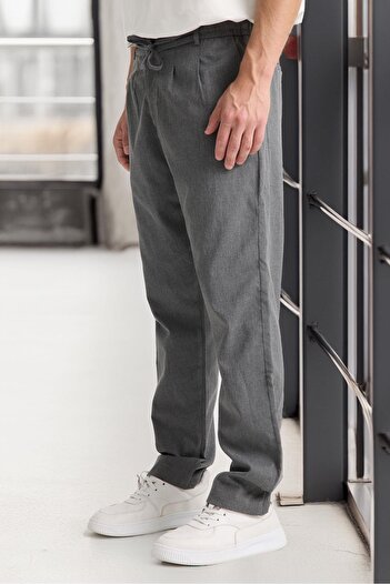 Valiberta Önü Çift Pileli Fermuarlı Beli Lastikli Jogger Erkek Pantolon - Füme