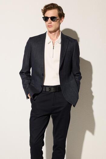 Tudors Men's Slim Fit Mono Collar Double Slit Casual Navy Blue Single Jacket