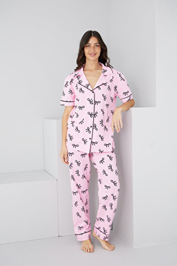 Siyah İnci Pink Black Bow Pattern Cotton Buttoned Ribbed Knitted Pajamas Suit7886