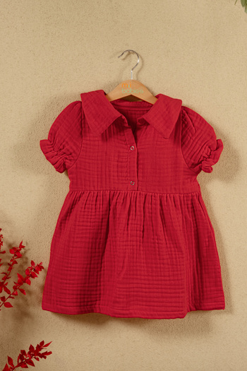 Montisu Baby Girl Red Muslin Dress – Buttoned 100% Cotton Dress,