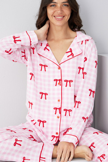 Siyah İnci Pink Checkered Bow Pattern Cotton Buttoned Ribbed Knitted Long Sleeve Pajama Suit7887