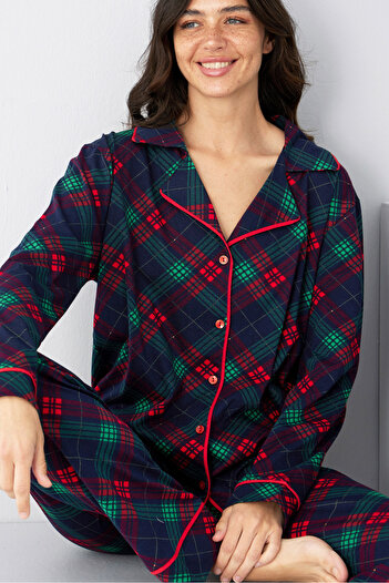 Siyah İnci Red Navy Blue Checked Cotton Buttoned Ribbed Knitted Long Sleeve Pajama Suit7887