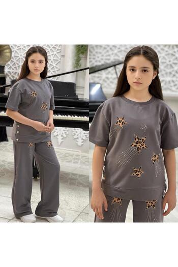Amur Girl's Top and Bottom Tracksuit Set 2 Thread Fabric Star and Stone Detail