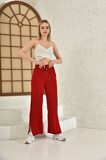 diaves original designs Women's Summer Belmando Fabric Elastic Waist Belt Detail Side Slit Red Palazzo Trousers