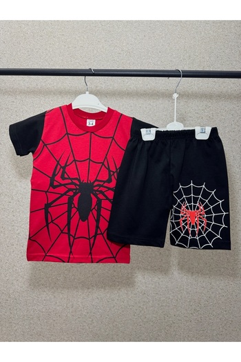 miniktavşanlarkids Boys Spider Patterned Summer Shorts Bottom Top Shorts- T-Shirt Set - Red Black 1-2 - 9-10 Years