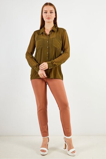 IKKS Women Spread Collar Long Sleeve Stripe Top, Olive