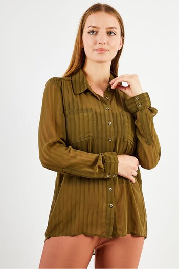 IKKS Women Spread Collar Long Sleeve Stripe Top, Olive